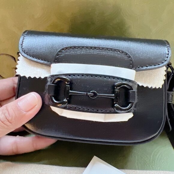 Gucci Azalea Horsebit 1955 Web Monochrome GG Mini HandBag Wallet On Strap Black - Picture 5 of 13